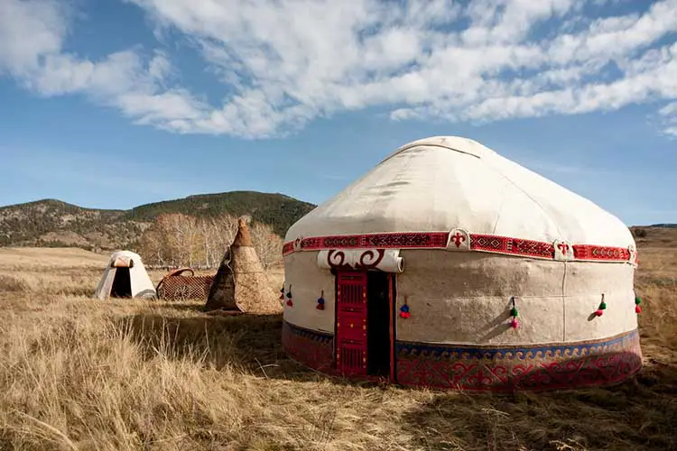 Kazakh yurt in the autumn steppe