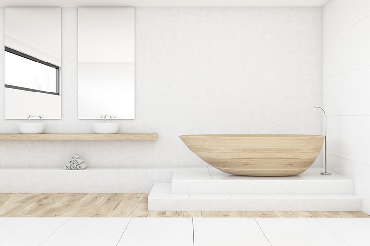 Bathroom with two mirrors, wood and white