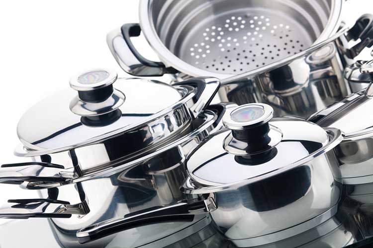 Set of chrome plated aluminum cookware - pots, pans
