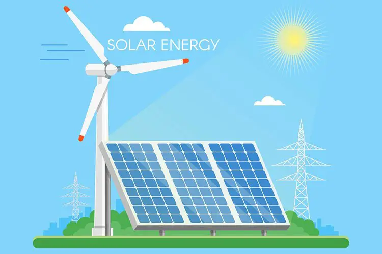 Solar panels power plant and factory. Green energy industrial concept. Vector illustration in flat style. Electricity station background.