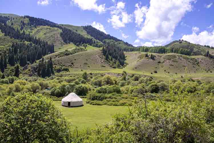 White yurt on jailoo against the background of mountains covered by forest and sky with clouds. Issyk-Kul region