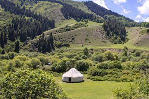 White yurt on jailoo against nature background