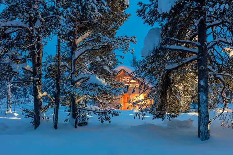 Warm house in snowy night winter forest 