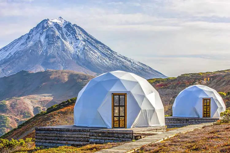 Glamping house and volcano, rural landscape