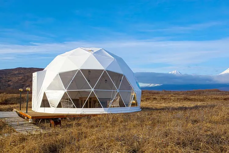 The Glamping house in summer and volcano landscape
