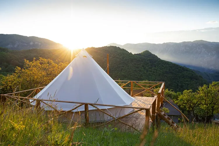 glamping tent in the morning sunlight 